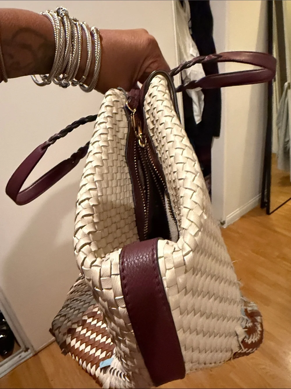 Tory Burch Cream Woven Tote with Burgundy Flap and Multicolor Stripe Accents